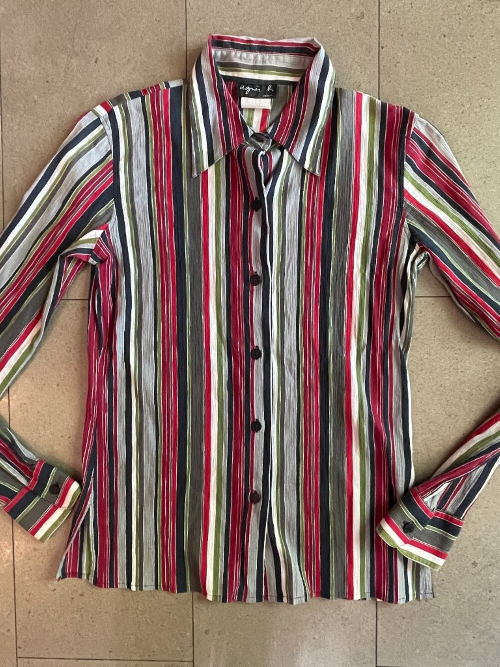Vintage agnès b.Paris crinkle cotton striped blouse shirt red/green-XS